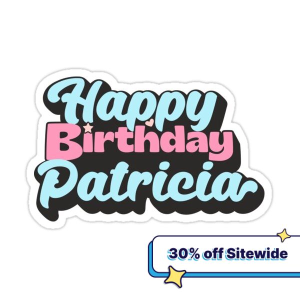 a sticker with the words happy birthday parecia written in pink and blue