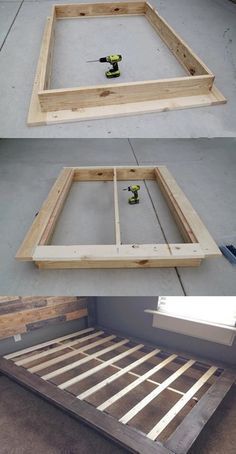 three different views of a bed frame and the bottom is made out of wooden planks