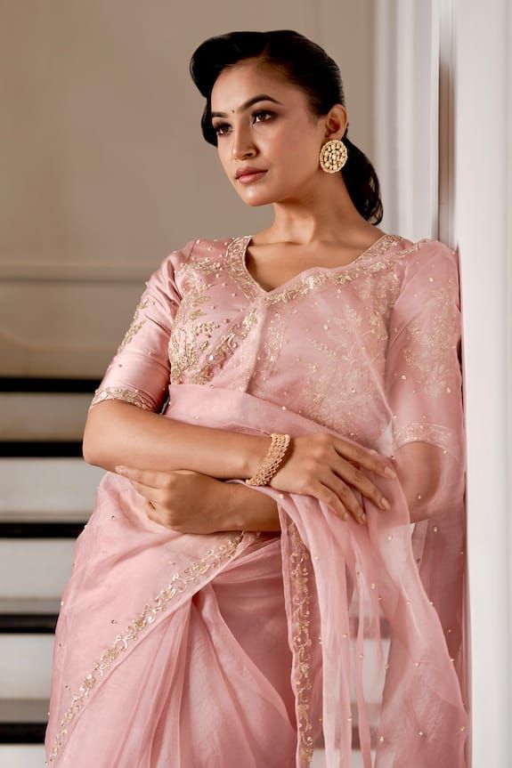 Pink saree with floral zardosi nakshi pitta work border. Paired with a padded embroidered blouse. - Aza Fashions Bollywood Style Pre-draped Saree For Wedding Festivities, Dola Silk Chandbali Pre-draped Saree For Diwali, Pre-draped Art Silk Saree With Dori Work For Wedding, Wedding Saree With Semi-stitched Blouse, Art Silk Saree For Reception During Navratri, Raw Silk Saree With Unstitched Blouse For Reception, Elegant Dola Silk Sharara With Unstitched Blouse, Semi-stitched Art Silk Blouse Piece For Reception, Semi-stitched Designer Saree Sets