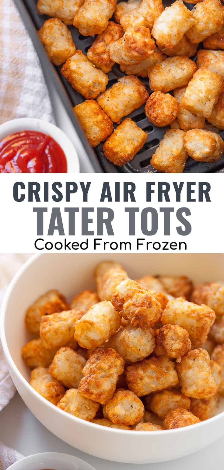 crispy air fryer tater tots in a bowl with ketchup