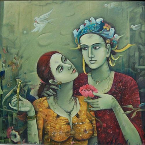 two women are looking at each other and one is holding a flower in her hand