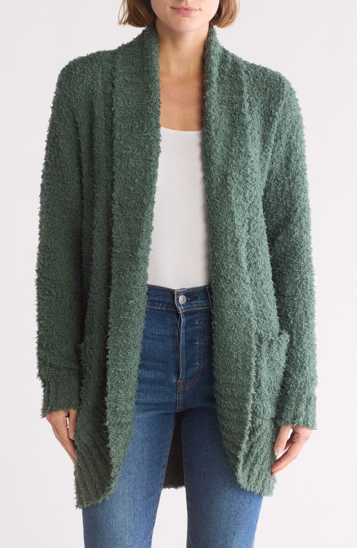 Cozy up in a fuzzy knit cardigan that's so soft and warm you'll never want to take it off. 30 1/2" length (size Small) Shawl collar Open front Long sleeves Front patch pockets 100% polyester Machine wash, line dry Imported Model stats: 5'10" height, 32" bust, 25" waist, 36" hip. Model is wearing size Small. Comfy Soft Knit Outerwear For Cold Weather, Cozy Fitted Super Soft Outerwear, Cozy Super Soft Outerwear, Super Soft Cozy Winter Outerwear, Super Soft Cozy Fit Outerwear For Fall, Cozy Super Soft Winter Outerwear, Cozy Fit Super Soft Outerwear For Fall, Cozy Green Knit Outerwear, Cozy Sweater Coat With Pockets