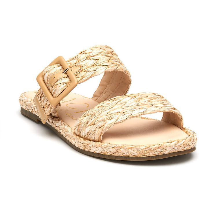 Slip on sandals with a cute, coastal vibe. Luxury Slip-on Sandals For Vacation, Cheap Slip-on Heels For Vacation, Cheap Vacation T-strap Slip-on Sandals, Beige Flat Heel Sandals For Vacation, Casual Sandals For Vacation In Natural Color, Casual Straw Sandals For Vacation, Casual Natural Sandals For Vacation, Beige Beach Sandals With Buckle Closure, Beige Flat Heel Flip Flops For Beach