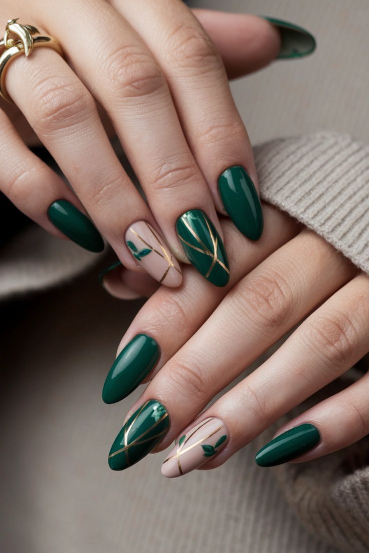 Embrace the essence of autumn with these cozy green nail ideas perfect for fall. Imagine a deep forest green base adorned with delicate gold leaf accents, capturing the beauty of fall foliage. This chic combination not only reflects the warm colors of the season but also adds a touch of elegance to your style. Transform your nails into a statement of seasonal charm and individuality with this gorgeous look. Nail Green And Brown, Autumn Nails 2024 Green, Colourful Autumn Nails, Mid November Nails, Autumn Nail Designs Green, Green November Nails, November Nails Green, Forest Nails Designs, Forest Green And Gold Nails