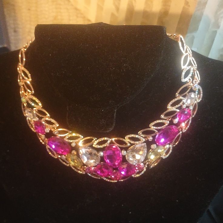 Multi Color Necklace For Women.Very Rich And Colorful Elegant Pink Rhinestone Necklace For Party, Elegant Pink Rhinestone Party Necklace, Pink Rhinestone Jeweled Necklace For Parties, Pink Rhinestone Necklace For Party, Pink Rhinestone Party Necklace, Pink Costume Jewelry For Party, Pink Choker Necklace For Party, Elegant Pink Rhinestone Necklace With Jewels, Elegant Pink Choker Jewelry