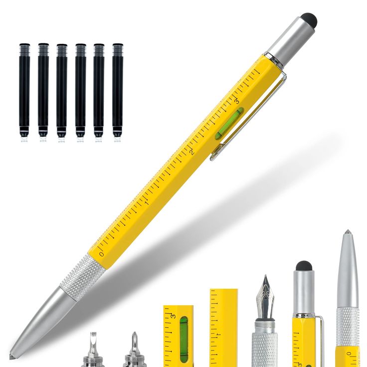 a yellow pen with black and silver trimmings next to other pens, including one ruler