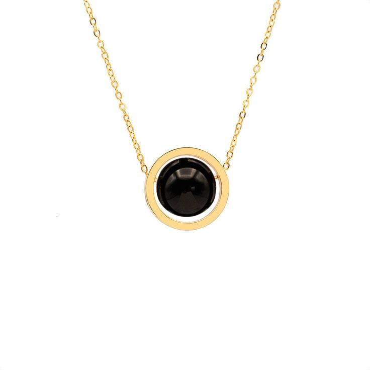 "Gold Onyx with a circle pendant chain necklace made with stainless steel with 5 microns of 18 kt Gold-plated. This necklace is a water-resistant, and you can wear them all day long without taking them off.  Type of chain: Cable Chain Also, we can make it longer or shorter if you want it. Chain thickness: 1 mm Pendant size: 15x 15 mm Stone size: 10 mm Clasp: lobster clasp. Cable chains are one of the classic types of necklace chain links with more highly dependable, durable, stability and resistance. This Beautiful necklace, it is from \"My Energy\" Jewelry Collection, is a collection that differentiates you, inspired by the energies of precious stones, making you feel safe, positive, unique and protected wherever you go.  The Circle is a universal sign that symbolizes eternity, life whole Metal Necklace With Round Pendant And Polished Finish, Elegant Black Stainless Steel Chain Necklace, Modern Stainless Steel Round Pendant Necklace, Elegant Black Charm Necklace With Chain, Black Metal Necklace With Polished Finish, Elegant Black Charm Necklaces, Stainless Steel Necklace With Adjustable Chain And Round Pendant, Stainless Steel Necklace With Round Pendant And Adjustable Chain, Gold Plated Circle Necklace With Adjustable Chain