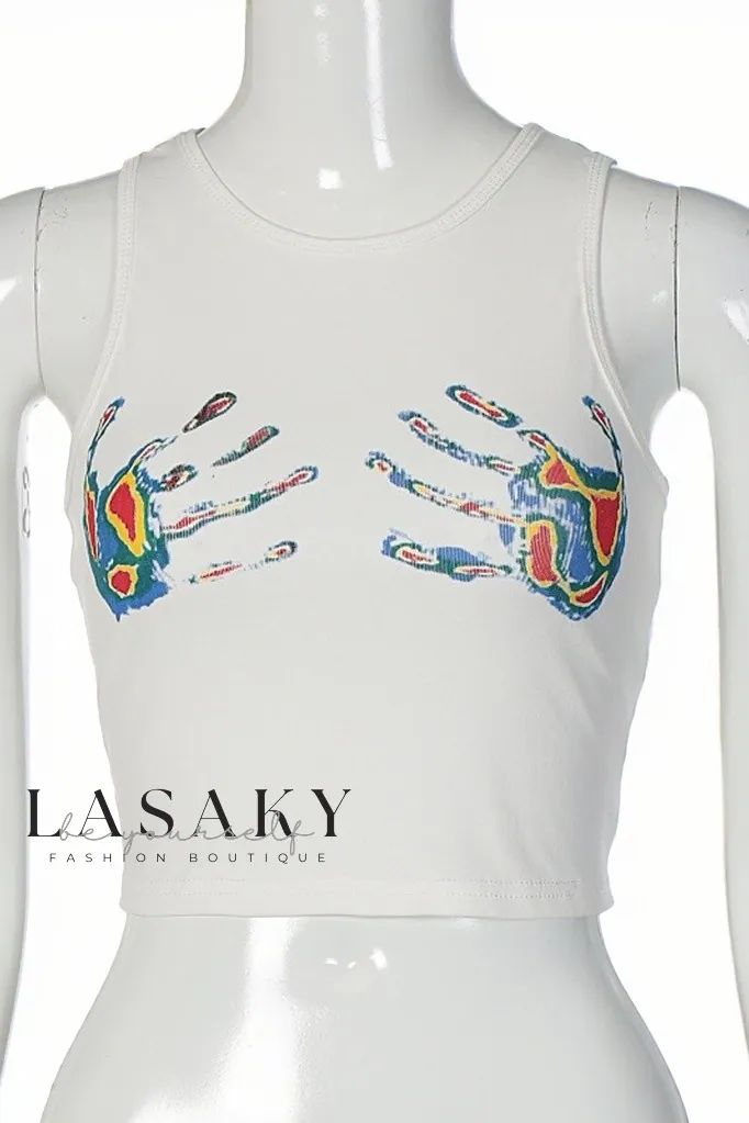 Lasaky - Sleeveless Hand-Printed Round Neck T-Shirt - Stylish and Comfortable Casual Wear with a Modest Midriff-Baring Design Fitted Tank T-shirt For Summer, Fitted Racerback T-shirt For Summer, Sleeveless Multicolor Graphic Print T-shirt, Graphic Print Stretch Tank Top, White Stretch Crew Neck Tank Top, White Stretch Racerback Top, Fitted Sleeveless Graphic Print T-shirt, Fitted Sleeveless Tops With Graphic Print, Summer Stretch Vest With Graphic Print