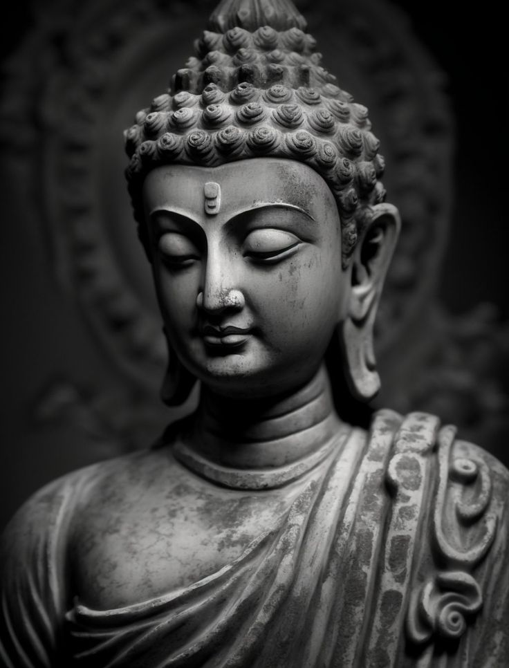 buddha statue with eyes closed in black and white