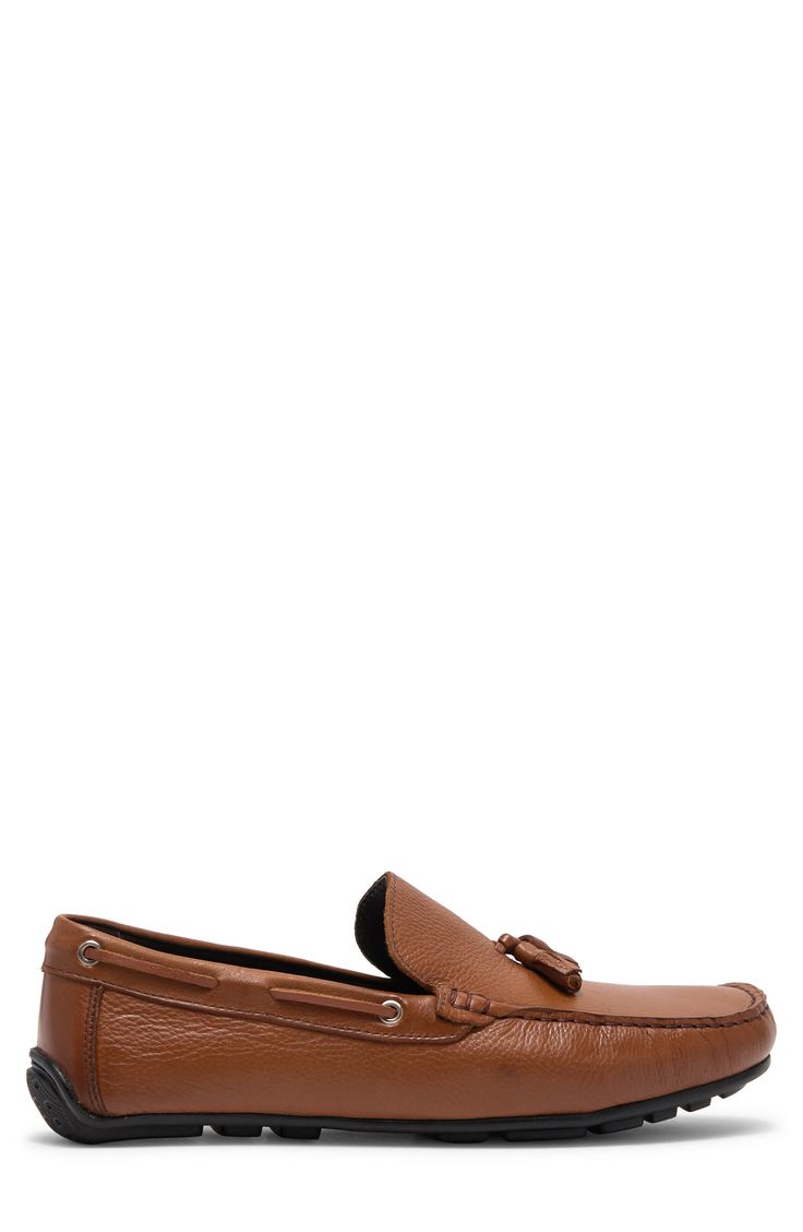 A refined, sophisticated leather loafer with a whipstitched detail is a versatile staple to go with any outfit. Moc toe Slip-on Cushioned insole Leather upper, manmade sole Imported Office Tassel Loafers With Textured Sole And Plain Toe, Office Tassel Loafers With Textured Sole, Brown Tassel Loafers With Textured Sole And Almond Toe, Brown Almond Toe Tassel Loafers With Textured Sole, Brown Tassel Loafers With Stitched Sole For Work, Classic Brown Boat Shoes For Business, Brown Slip-on Boat Shoes For Formal Occasions, Leather Moccasins With Textured Sole For Business Casual, Brown Plain Toe Tassel Loafers With Stitched Sole