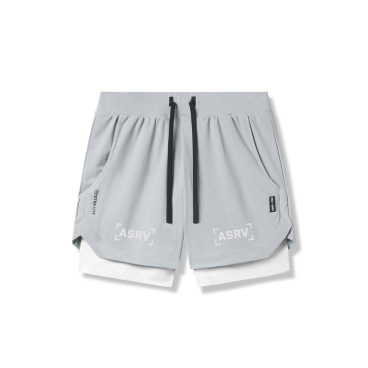 a grey shorts with the words asrv on it and white trimmings