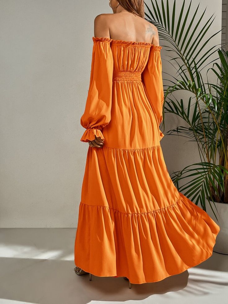 This flowy Marigold Dress is crafted for a classic look with utmost comfort in mind. Its delicate and feminine silhouette is designed to flatter your figure with ease and grace. The perfect choice for a sophisticated and stylish look. Orange A-Line High Waist Slight Stretch Regular Fit Polyester Size US Length Sleeve Length Bust Waist Size Cuff Bicep Length XS 2 48 20.9 24.4-41.7 22-41.7 6.7-19.3 9.3 S 4 48.8 21.3 26-43.3 23.6-43.3 7.1-19.7 9.8 M 6 49.6 21.7 27.6-44.9 25.2-44.9 7.5-20.1 10.4 L 8 Rayon A-line Maxi Dress, Floor-length Ruffled Dress, Solid Floor-length Dress With Ruffles, Elegant Billowy Solid Color Dresses, Elegant Plain A-line Maxi Dress, Solid Ruched Sundress Maxi Dress, A-line Dress For Brunch, Solid Color Off-shoulder Dress, Long Solid Color Dress For Vacation