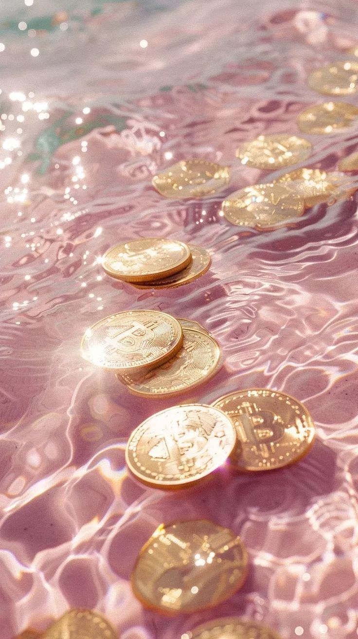 several gold coins floating on top of the water