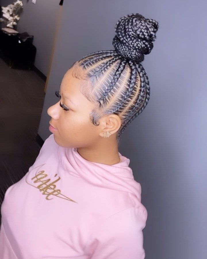 Stitch Conrow Braids Ponytail, Stitch Braids With High Bun, Braided Ponytails For Black Women Updo, High Bun Cornrows, Stitch Braid Into Bun, Stitched Ponytail Braids, Feed In Braid Ponytail For Black Women, Braided Bun Updo For Black Women, Stitch Braids Updo Hairstyles