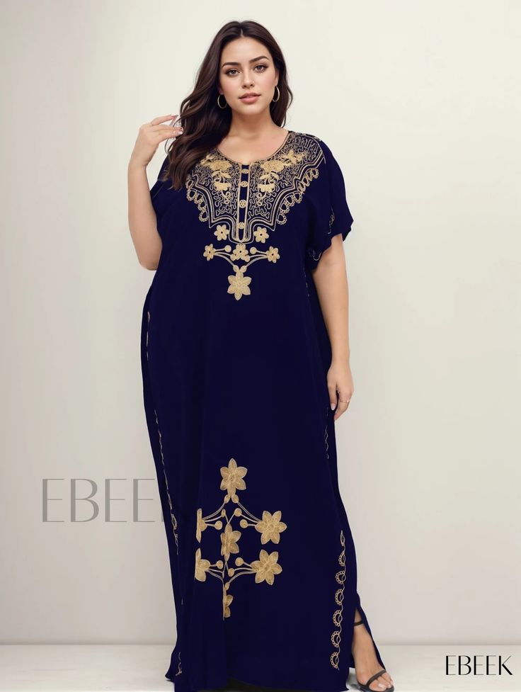 Ebeek - Premium Plus Size Kaftan Dress - Womens Exquisite Floral Print Maxi Kaftan Dress with Bat Sleeves and Round Neckline Floor-length Summer Dresses With Zari Work, Summer Floor-length Dresses With Zari Work, Blue Zari Work Dress For Summer, Blue Dresses With Zari Work For Summer, Eid Dresses With Zari Work And V-neck, Eid V-neck Dress With Zari Work, Elegant Short Sleeve Dresses For Eid, Eid Maxi Length Free Size Dresses, Eid Free Size Maxi Dress