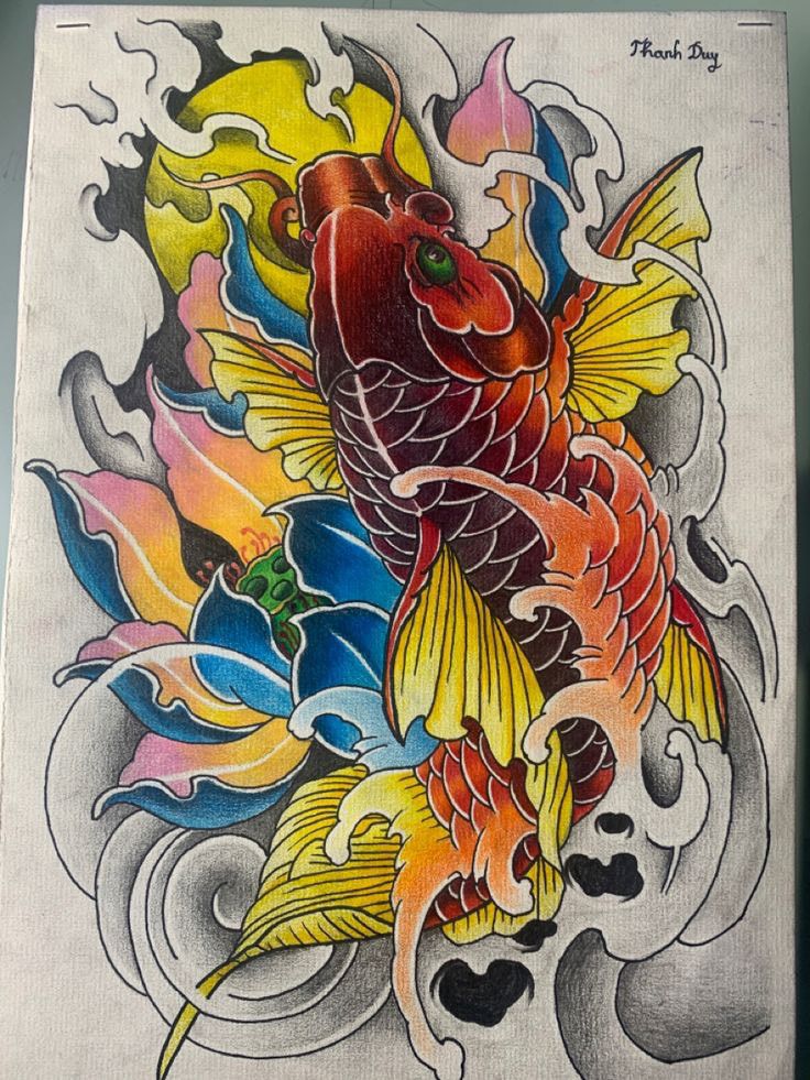 a drawing of a koi fish with colorful flowers on it's back side