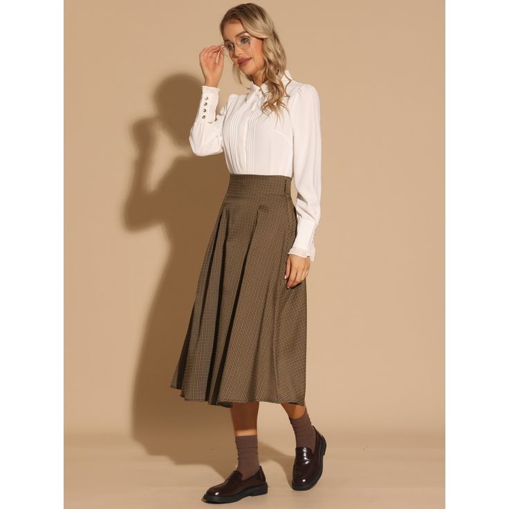 The elegant A-line swing flare drape silhouette skirt gives you a reliable cozy all-around year. Made with soft fabric, this skirt ensures all-day comfort without compromising on style. This perfectly pleated A-Line skirt features vintage plaid patterns that add irresistible preppy style. Great to be paired with casual shoes, high heels, a jacket, a blazer, and so on. Please refer to the size measurement in the last item picture before ordering. Fall A-line Pleated Maxi Skirt, Chic Flowy Skirt With Wide Hem, Fall A-line Pleated Work Skirt, Fall A-line Pleated Skirt For Work, Elegant Skirt With Wide Hem, Office A-line Flowy Skirt, Elegant Flowy Skirt With Wide Hem, Elegant Flowy Maxi Skirt With Wide Hem, A-line Pleated Maxi Skirt For Fall