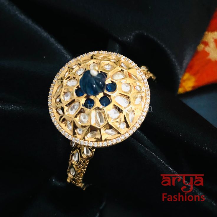 Veera Round Dial Jadau Kundan Rajwadi Openable Bracelet/ Jaipuri Pacchi Bracelet Kundan Jewellery, Gold Plated Bracelets, Statement Bracelet, Gold Polish, Pink Bracelet, Blue Bracelet, Gold Finish, Jaipur, Stone Bracelet