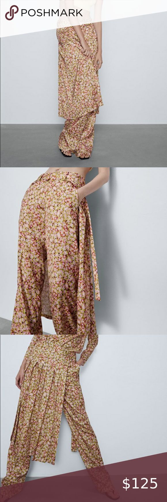 Zara floral print pleated skirt pants High waisted pants with front pockets and removable skirt detail with tonal matched belt... unique look Zara Pants & Jumpsuits Spring High Waist Belted Skirt, High Waist Belted Skirt For Spring, Chic Spring Waist-length Bottoms, High-waisted Floral Print Bottoms For Spring, High Waist Floral Print Bottoms For Spring, Floral Print Wide Leg Bottoms For Brunch, Spring Floral Print Wide Leg Bottoms, Summer Pink Bottoms With Pockets, Spring Non-stretch Wide-leg Culottes