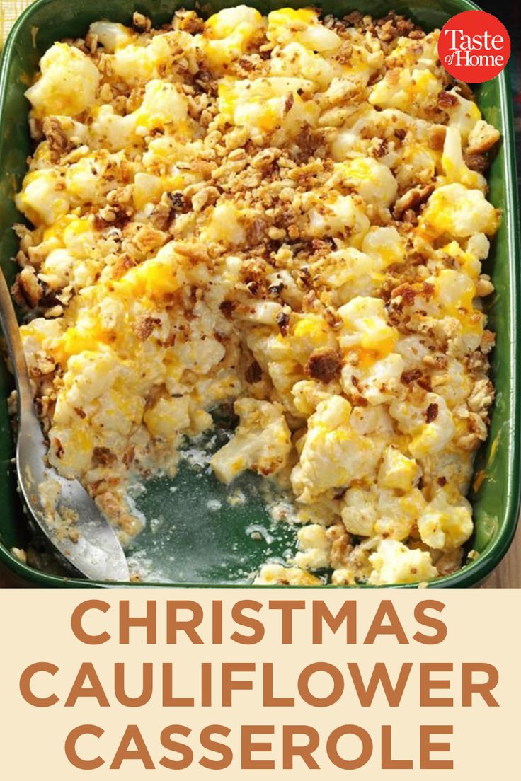 christmas cauliflower casserole recipe in a green dish