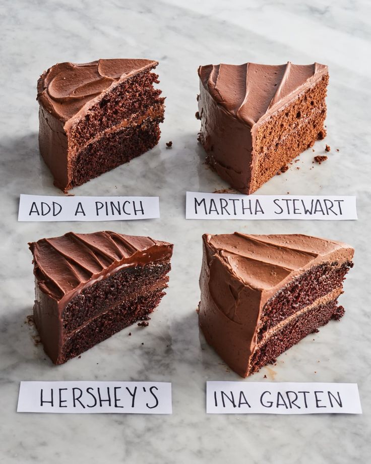 six slices of chocolate cake with names on them