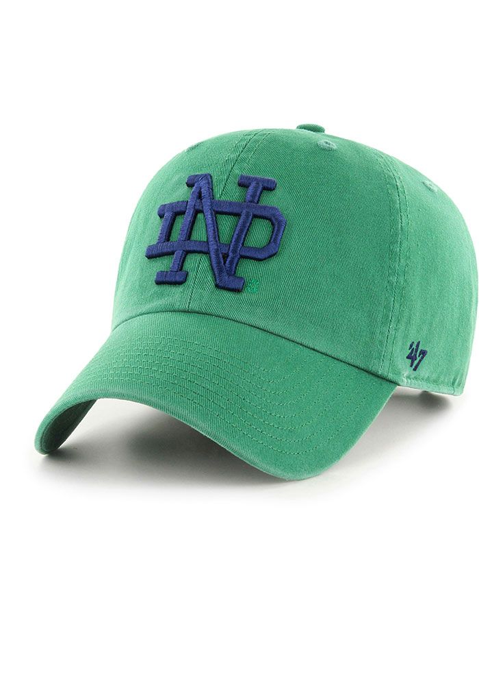 This Notre Dame Fighting Irish Green Adjustable Hat features a front embroidered team logo on a unstructured cotton crown with a pre-curved visor and adjustable strapback. 47 Clean Up, Front embroidered team logo, Side '47 embroidery, Metal buckle on the back to dial in the custom fit., Adjustable Closure, Cotton material, Fit: True to Size, Cotton, Wipe clean with cloth or cleaning kit, 4 Game Day Cotton Baseball Cap In Team Colors, Team-colored Cotton Baseball Cap For Game Day, Cotton Snapback Baseball Cap For Sports Fans, Team-colored Cotton Hats With Curved Brim, Sporty Cotton Hats For Fan Merchandise, Game Day Cotton Hat With Curved Bill, Team-colored Adjustable Hat With Curved Brim, Cotton Snapback Hat For Fan Gear, Game Day Dad Hat With Embroidered Logo