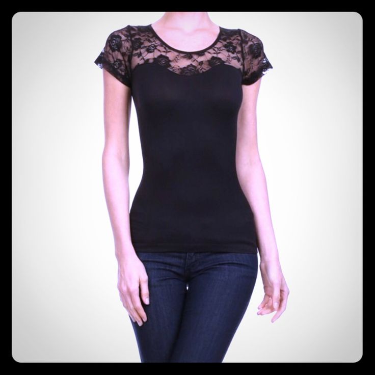 Seamless Black Top With Lace Detail At The Top. One Size Fits Most. Material Is 92% Nylon, 8% Spandex And Super Soft And Very Stretchy. Brand New In Packaging. Black Stretch Mesh Top With Lace, Chic Stretch Lace Top For Layering, Stretch Mesh Top With Lace For Night Out, Night Out Stretch Mesh Top With Lace Details, Night Out Lace Mesh Top, Stretch Crew Neck Blouse For Night Out, Black Tops With Built-in Bra, Fitted Crew Neck Lace Top, Chic Fitted Lace Top With Crew Neck