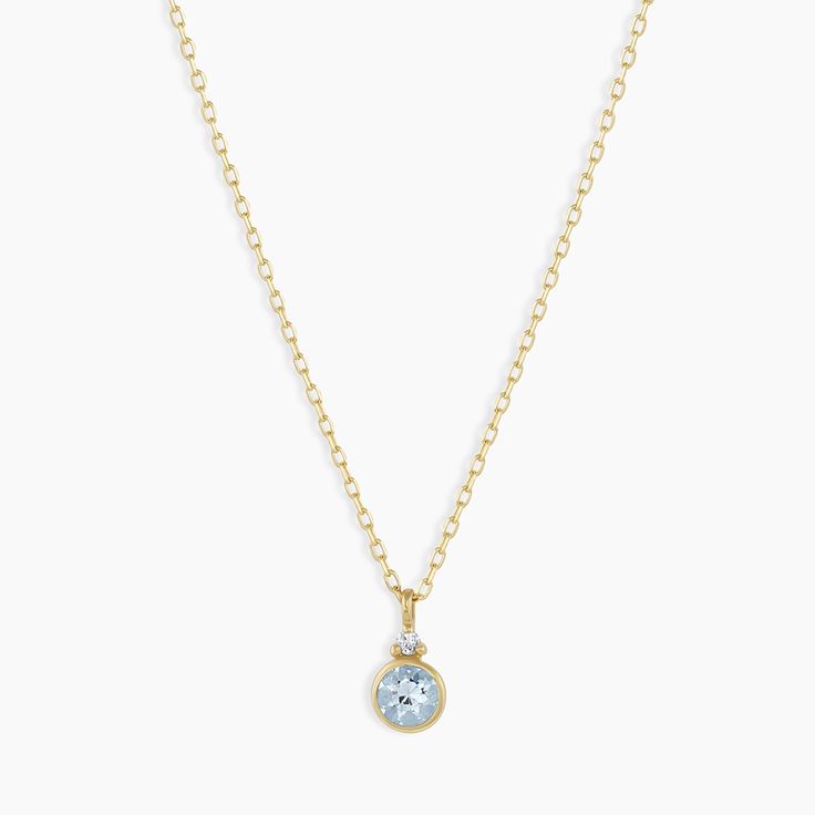 A modern heirloom. Introducing our take on a traditional style. Whether you wear yours or a loved one’s, a birthstone necklace is an easy way to add color and meaning to your look. This birthstone necklace features a 14k gold chain and diamond detail, and makes for a perfect, personal gift. Aquamarine is March's birthstone. Product Details Diamond: 0.01 total carat weight, 1.3 mm GH SI1-SI3 Aquamarine: 0.15 total carat weight, 3 mm genuine aquamarine 14k solid gold 16" chain + 2" extender. Adjus Color And Meaning, Gold Birthstone Necklace, Earrings Stacking, March Birthstone Necklace, Aquamarine Birthstone, Orange Agate, Yellow Opal, Aquamarine Necklace, Solid Gold Chains