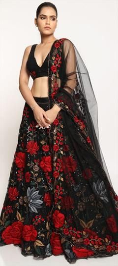 Black and Grey color Lehenga in Net fabric with Embroidered, Sequence, Thread work Black Sharara With Floral Embroidery For Reception, Black Saree With Sheer Dupatta For Reception, Elegant Black Sharara With Floral Embroidery, Black Semi-stitched Embroidered Fabric With Pallu, Black Fitted Gown With Sheer Dupatta, Fitted Black Gown With Sheer Dupatta, Black Sharara With Intricate Embroidery For Reception, Black Choli With Resham Embroidery For Wedding, Black Lehenga With Intricate Embroidery