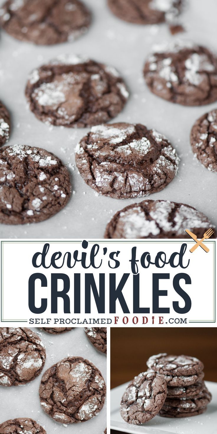 chocolate crinkles with powdered sugar on top and the words denie's food