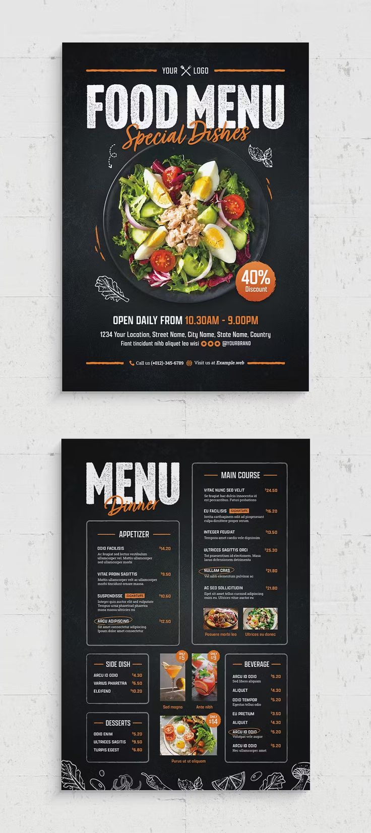 a restaurant menu with an image of a salad on the front and side, in black