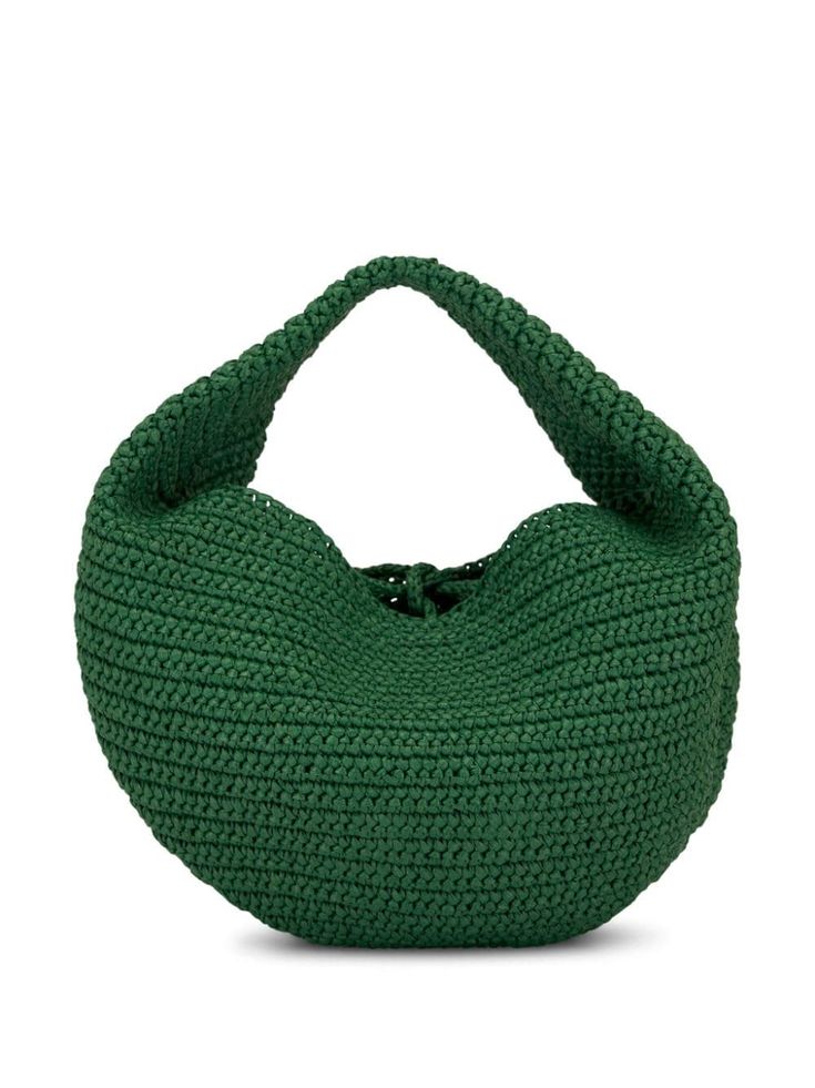 emerald green woven raffia design appliqué logo slouch body single rolled top handle tie-top fastening main compartment Luxury Green Top Handle Bucket Bag, Green Top Handle Bucket Bag, Green Bucket Bag With Double Handle, Green Double Handle Bucket Bag, Luxury Green Tote Bucket Bag, Luxury Green Tote Bag, Modern Green Bucket Bag With Top Handle, Green Bucket Bag With Top Carry Handle, Modern Green Bucket Bag With Top Carry Handle