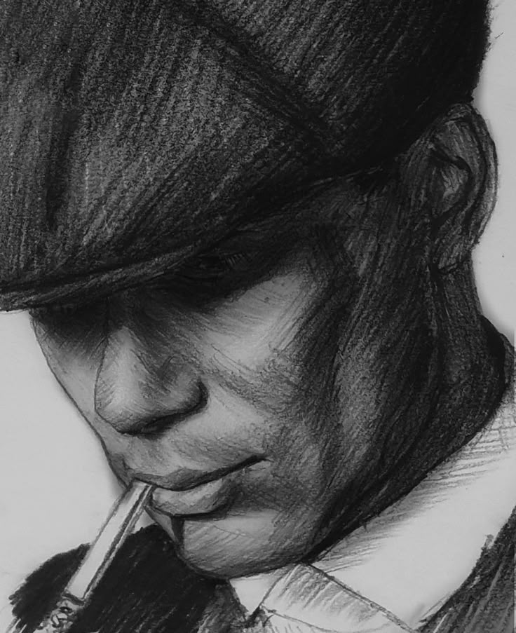 a black and white drawing of a man wearing a hat with a pipe in his mouth