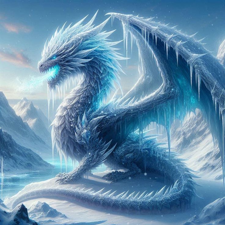 a blue dragon sitting on top of a snow covered mountain next to ice and icicles