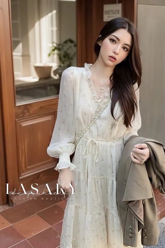 Lasaky - Elegant Floral Lace Maxi Dress with Sophisticated Design Elegant White Chiffon Dress For Brunch, Long Sleeve Chiffon Dress For Summer Formal Events, Formal Long Sleeve Summer Chiffon Dress, Formal Long Sleeve Chiffon Dress For Summer, Elegant V-neck Chiffon Dress For Fall, Elegant Beige Chiffon Mini Dress, Elegant Beige Chiffon Dress For Spring, Spring Chiffon Mini Dress For Formal Occasions, Elegant Midi-length Chiffon Dress For Brunch