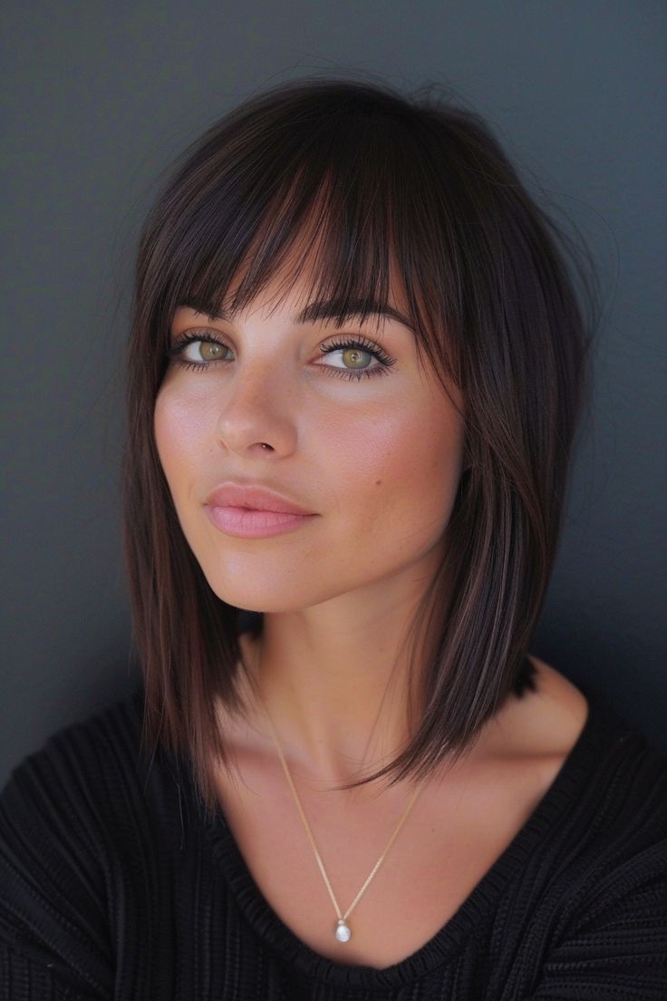 Bob Haircut With Bangs Fine Hair, Dark Lob With Bangs, Medium Length Bangs Fringes, Medium Hair Cuts For Women With Bangs, Medium Length Hairstyles With Bangs, Straight Lob, Lob Haircut With Bangs, Bang Styles, Fine Hair Bangs