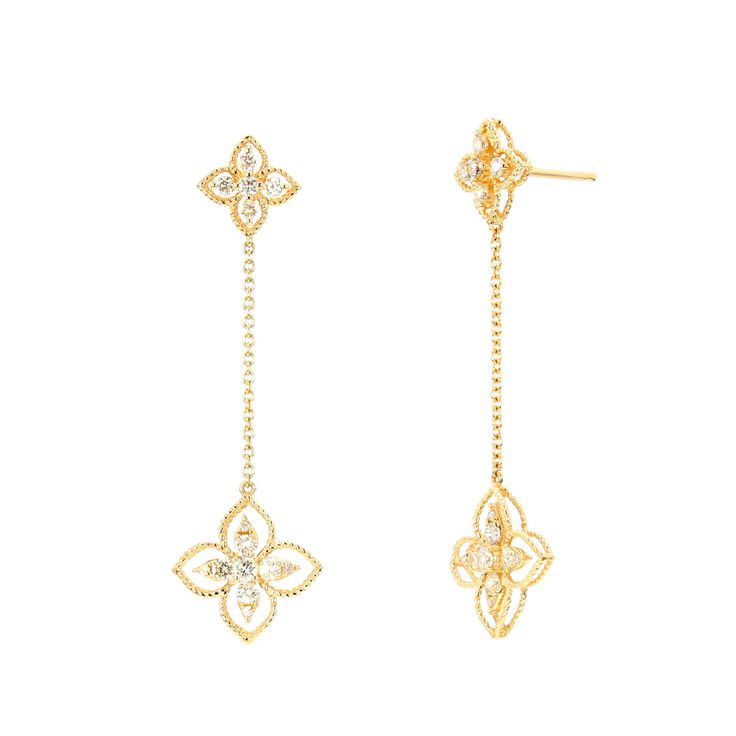 One pair of diamond Drop earrings prong set in 14k Yellow Gold with 28 G/H SI diamond accents weighing 0.61ct total weight Diamond Drop Earrings, Royal Jewelry, Light Weight Earrings, Prong Setting, Diamond Jewelry, Yellow Gold, Drop Earrings, Gold