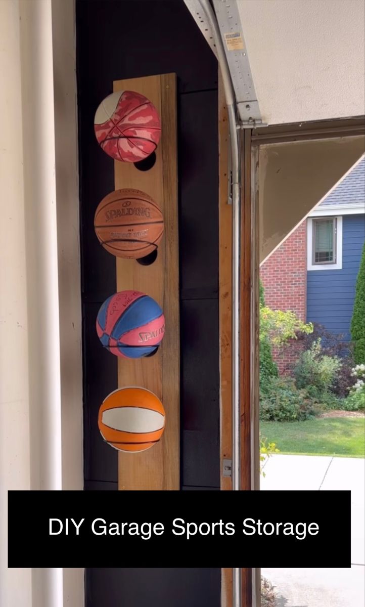 a garage sports storage rack with basketballs hanging from it's sides and the words diy garage sports storage