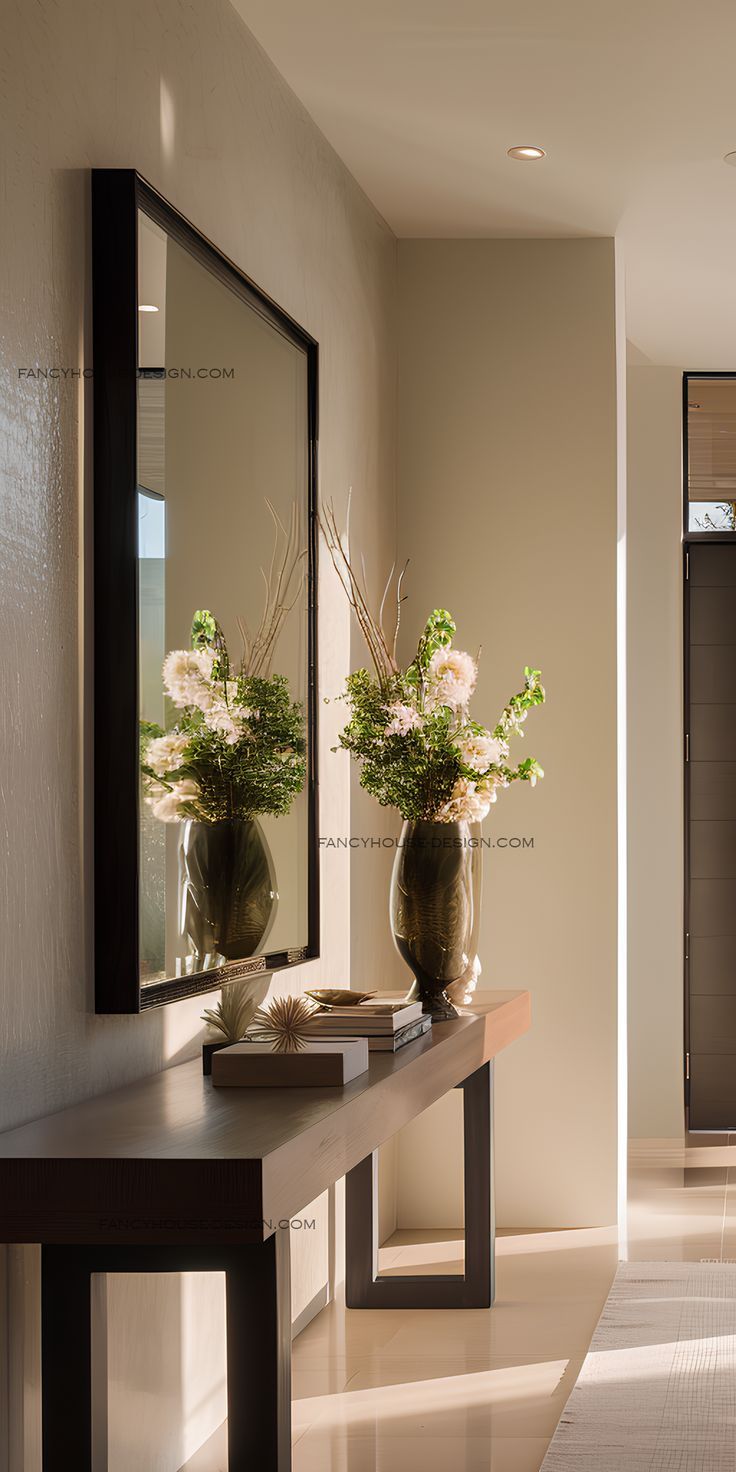 two vases with flowers sit on a table in front of a mirror and door