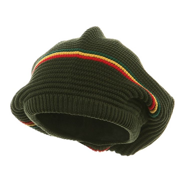 Big Size New Rasta Beanie HatMade of 100% cotton.ONE SIZE fits most, fitting up to XXXL, stretchable size.Crown measures 9 1/2 inches deep, 11 inches wide.Brim is flexible and 1 inch wide.Thick, Soft and crocheted Material.Hand wash only.Imported Solid in color with a splash of red, green and yellow stripes at the middle of crown, our Medium Crown New Rasta Beanie Hat offers a lot of comfortable room and coverage for your outings this winter. The round crown is constructed out of 1 panel of fine Rasta Beanie, Long Beanie, Big Hat, Sticker Patches, Comfortable Room, Slouchy Beanie, Patch Design, Yellow Stripes, Custom Hats