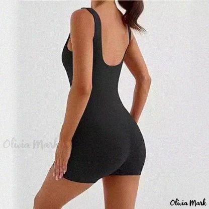 Olivia Mark - Solid Color Sleeveless Halter Neck Yoga Jumpsuit Casual Sleeveless Bodysuit With Built-in Bra, Sleeveless Bodysuit For Workout, Sleeveless Yoga Bodysuit Shapewear, Shapewear Sleeveless Workout Tank Top, Sleeveless Shapewear Bodysuit For Yoga, Workout Shapewear Sleeveless Tank Top, Workout Sleeveless Shapewear Tank Top, Solid Sleeveless Bodysuit For Yoga, Sleeveless Bodysuit For Gym