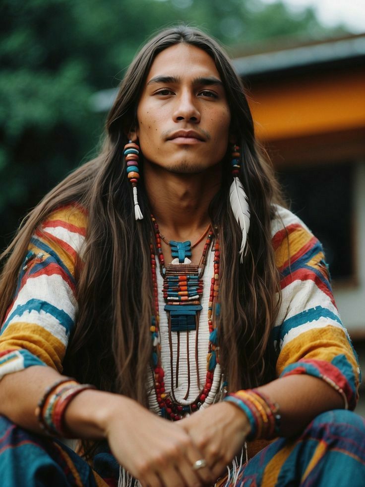 a man with long hair sitting on the ground in front of some trees and wearing native jewelry