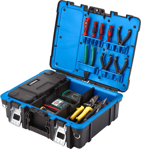 an open tool box filled with tools on a white background