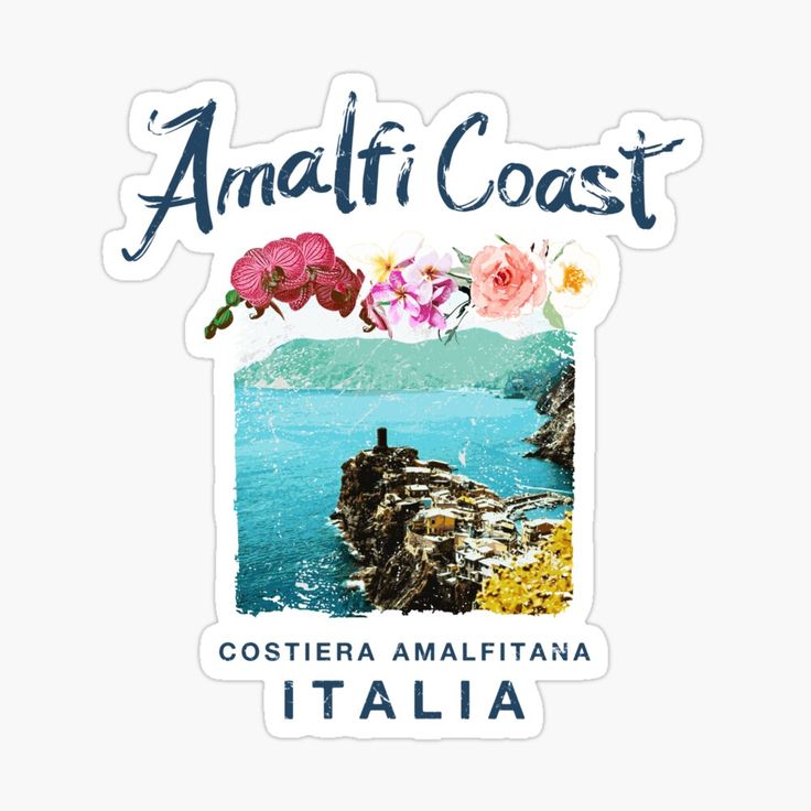 an italian sticker with the words amalfi coast in blue and pink flowers