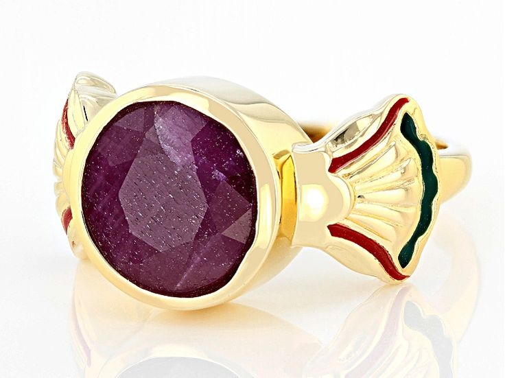 Introducing the exquisite Indian Ruby & Enamel Ring from our Artisan Collection of India™! This playful piece features a vibrant red round ruby gemstone with 2.70ct, set in stunning enamel and crafted with love in 18K yellow gold over sterling silver. The gorgeous color combination of this statement ring will add a pop of elegance to any outfit effortlessly. With dimensions measuring at 0.87 inches length by 0.48 inches width, this unique design is perfect for those who appreciate fine craft Luxury Cabochon Ruby Ring As Gift, Luxury Cabochon Ruby Ring Gift, Yellow Gold Ruby Ring Gift, Yellow Gold Round Ruby Ring As Gift, Gift Multi-stone Ruby Ring In Yellow Gold, Fine Jewelry Ruby Ring As Gift With Polished Finish, Luxury Round Ruby Ring As A Gift, Fine Jewelry Ruby Cabochon Ring Gift, Luxury Ruby Ring With Bezel Setting For Gift