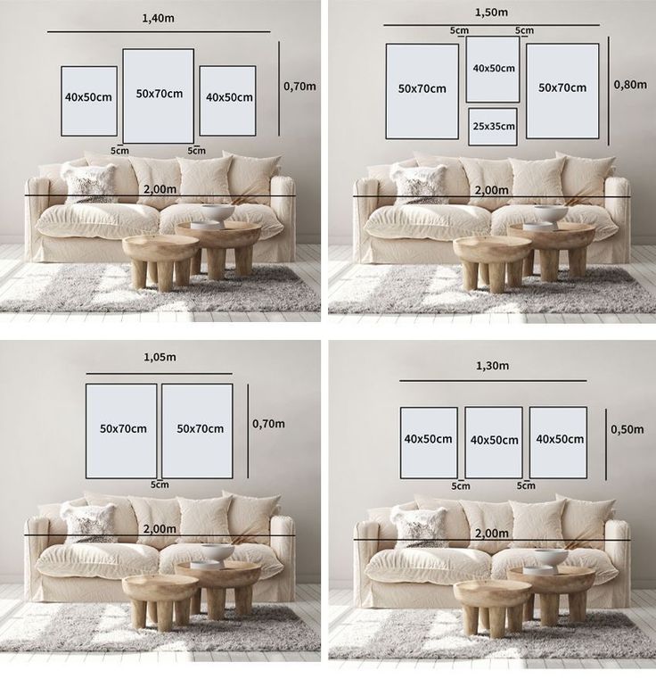 four different views of a living room with couches, tables and pictures on the wall