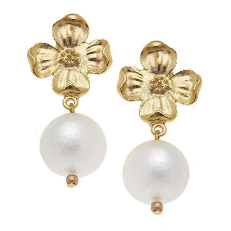 Dogwood Bloom & Genuine Cotton Pearl Earrings 1.75 inches Post Backs Available in Handcast 24Kt Gold Plating  Handmade in San Antonio, TX Susan Shaw, Gold Jewelry Earrings, Coin Pearls, 24kt Gold, Gold Chain Necklace, Pearl Drop Earrings, Gold Flowers, Pearl Drop, Flower Earrings