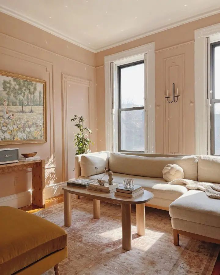 a living room with two couches and a coffee table in front of large windows