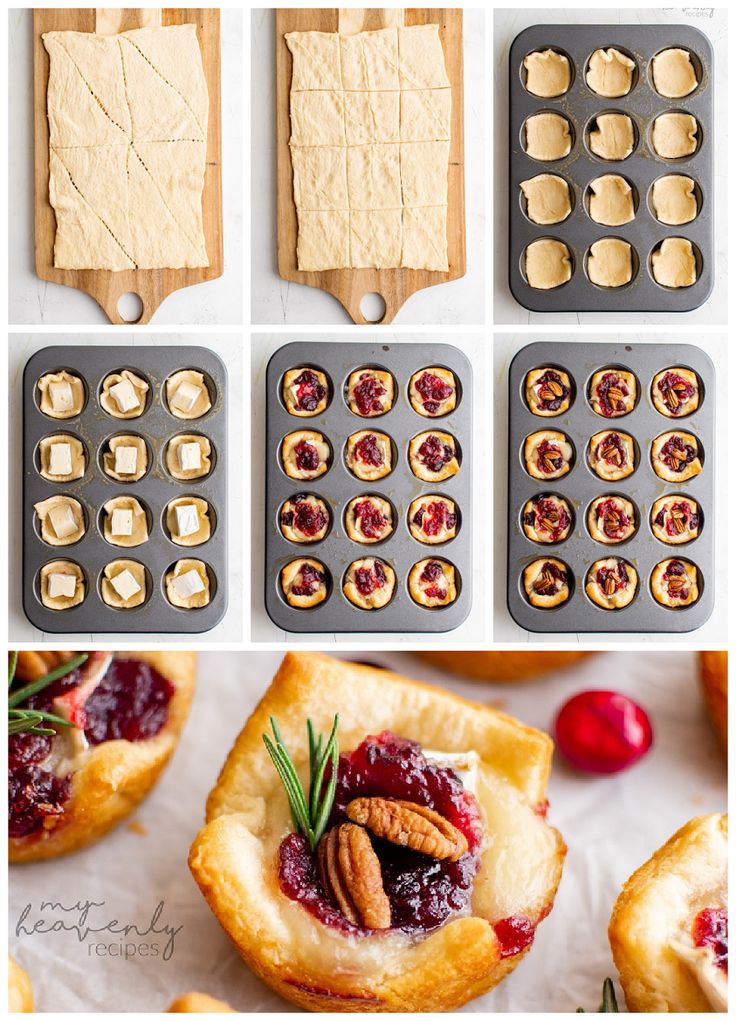 the steps to making cranberry tart bites are shown in different stages, including baking