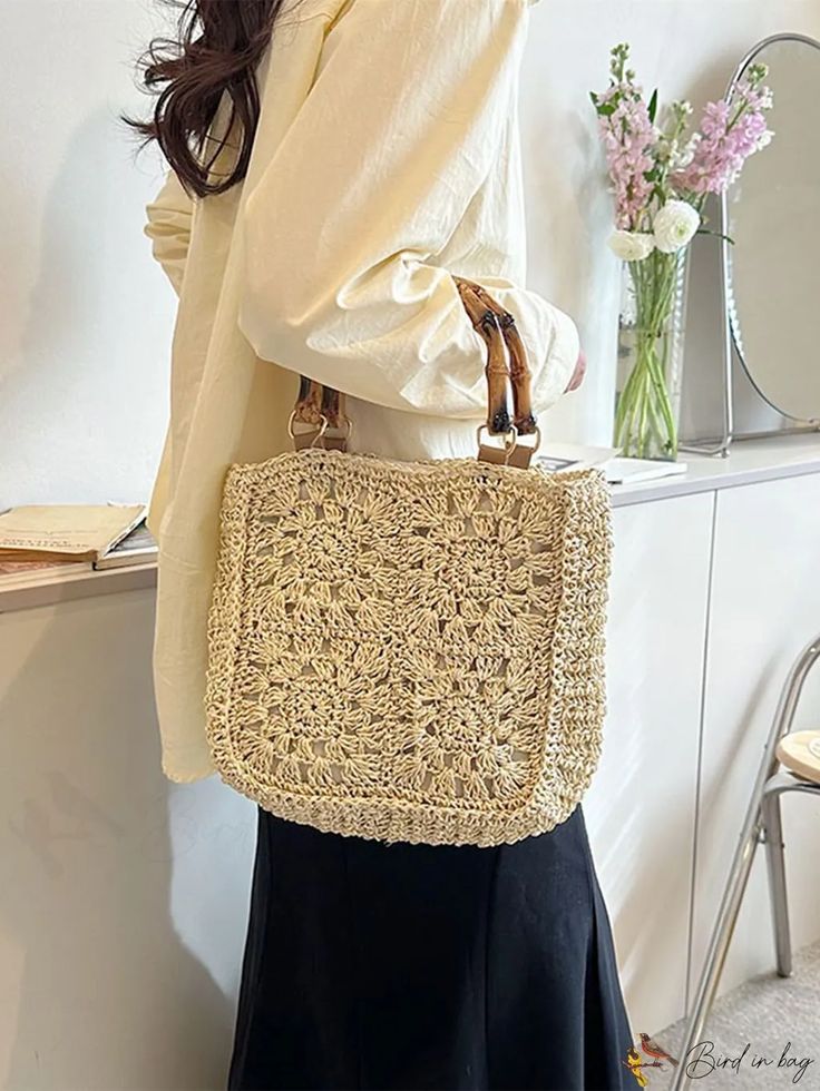 BirdinBag - Beach-Ready Double Handle Medium Straw Bag Everyday Straw Shoulder Bag With Adjustable Handle, Beige Square Bag With Adjustable Strap, Cream Rectangular Shoulder Bag For Daily Use, Casual Beige Bag With Adjustable Handle, Vacation Satchel Bag With Single Handle, Summer Square Satchel With Detachable Handle, Square Box Bag With Single Handle For Everyday, Natural Shoulder Bag With Adjustable Handle For Daily Use, Everyday Square Box Bag With Single Handle